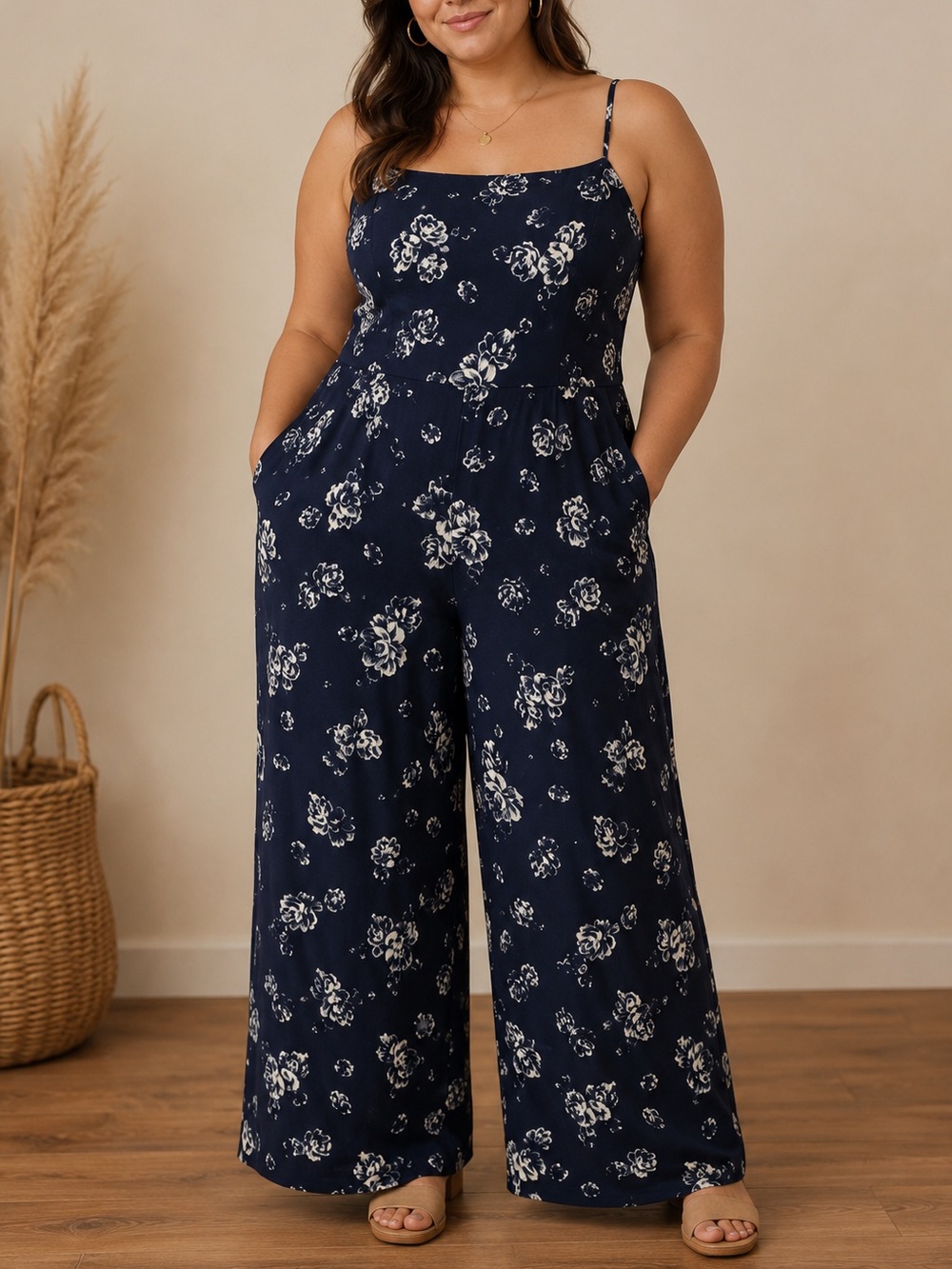 Treasure & Bond Navy & white floral wide leg Jumpsuit pockets Size Large NWT